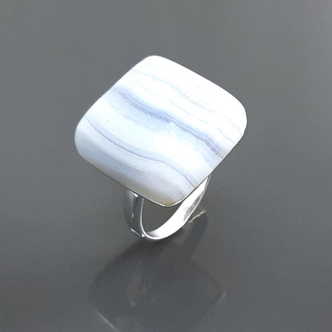 925 NATURAL Chalcedony Blue Square Ring Sterling Silver, Striped Stone, Modern Minimalist Geometric Lined Style, Designer Jewelry