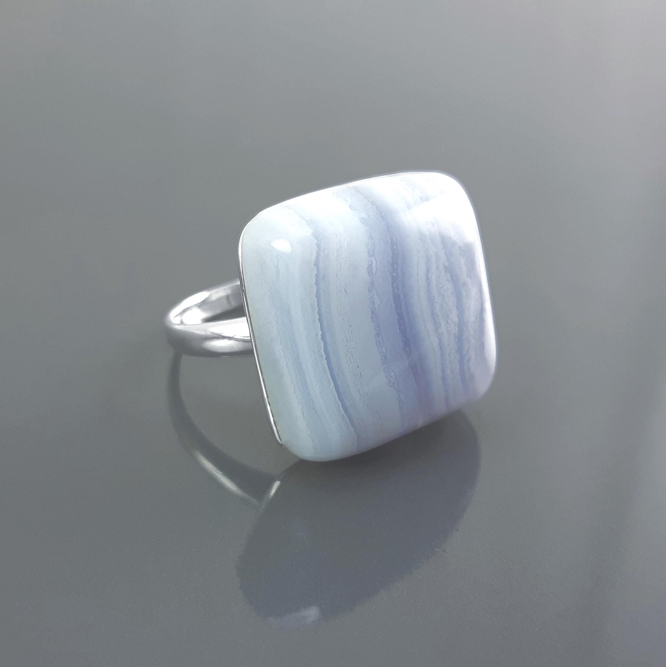 925 NATURAL Chalcedony Blue Square Ring Sterling Silver, Striped Stone, Modern Minimalist Geometric Lined Style, Designer Jewelry