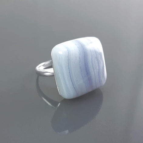 925 NATURAL Chalcedony Blue Square Ring Sterling Silver, Striped Stone, Modern Minimalist Geometric Lined Style, Designer Jewelry