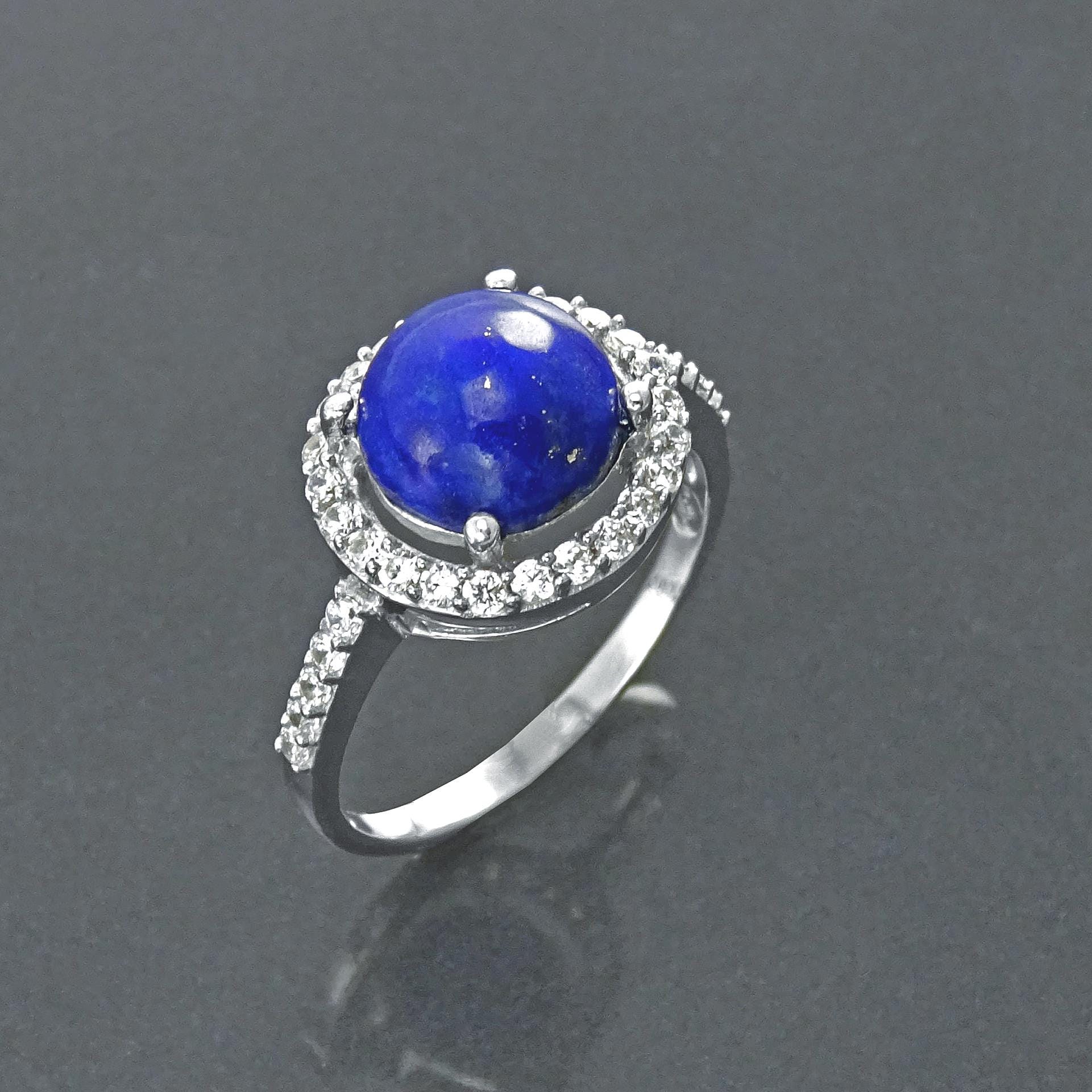 Blue Stone Ring 925 Sterling Silver, Lapis Lazuli Halo Ring, CZ Stones Broder, Natural Gemstone Jewelry