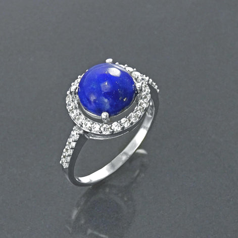 Blue Stone Ring 925 Sterling Silver, Lapis Lazuli Halo Ring, CZ Stones Broder, Natural Gemstone Jewelry