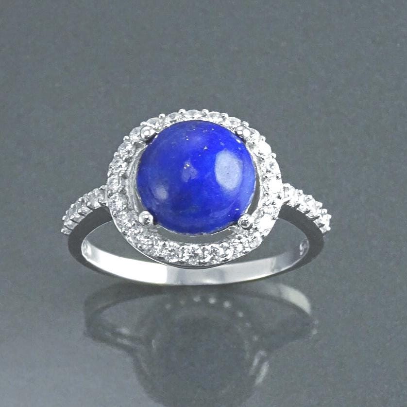 Blue Stone Ring 925 Sterling Silver, Lapis Lazuli Halo Ring, CZ Stones Broder, Natural Gemstone Jewelry