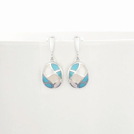 Mother of Pearl and Turquoise Earrings, Sterling Silver, Geometric Oval Mosaic, Modern Jewelry