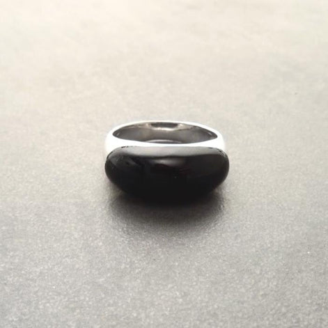 Black Domed Ring - Sterling Silver - Black Onyx Stone, Oval Stone Cabochon Horizontal Stone Band Ring, Dainty Everyday Modern Ring