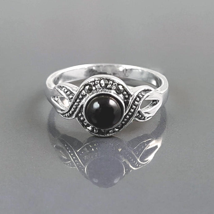 Art Deco Black Onyx Stone Ring, Sterling Silver, Waves Infinity Marcasites Ring, Round Onyx, Antique Retro Inspired Stone Jewelry