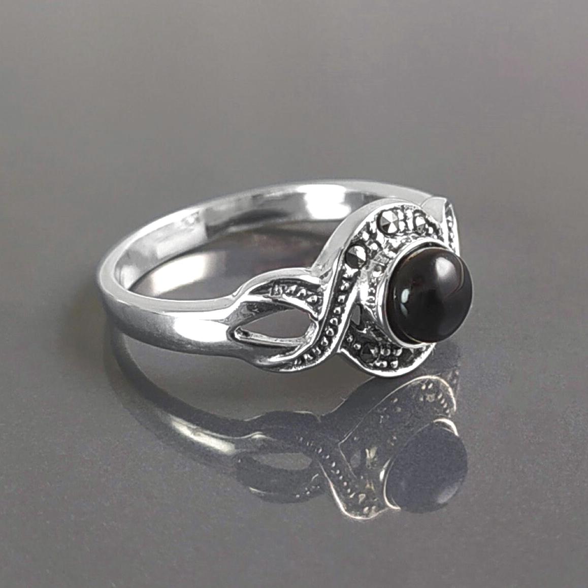 Art Deco Black Onyx Stone Ring, Sterling Silver, Waves Infinity Marcasites Ring, Round Onyx, Antique Retro Inspired Stone Jewelry