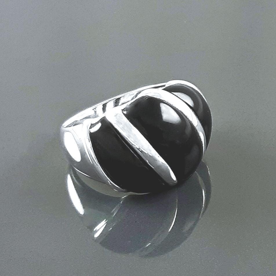 Onyx Domed Ring, Sterling Silver, Women Beautiful Dome Ring, Black Stone Band Ring, Three Bands Wide Ring, Fashion Vintage Ring