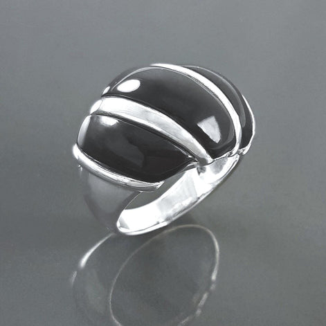 Onyx Domed Ring, Sterling Silver, Women Beautiful Dome Ring, Black Stone Band Ring, Three Bands Wide Ring, Fashion Vintage Ring