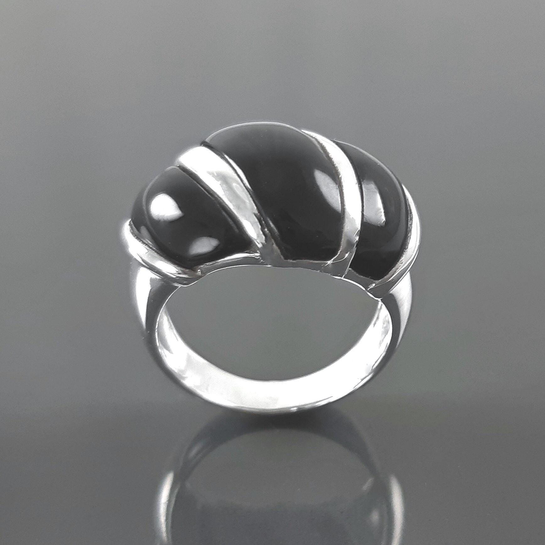 Onyx Domed Ring, Sterling Silver, Women Beautiful Dome Ring, Black Stone Band Ring, Three Bands Wide Ring, Fashion Vintage Ring