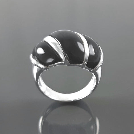 Onyx Domed Ring, Sterling Silver, Women Beautiful Dome Ring, Black Stone Band Ring, Three Bands Wide Ring, Fashion Vintage Ring