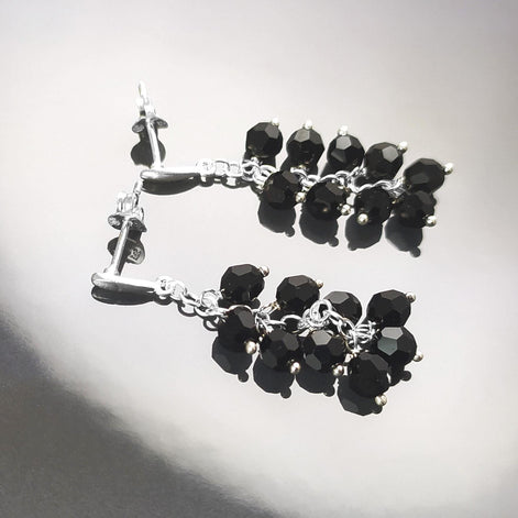 Black dangle earrings, sterling silver, teardrop blackberry crystal cz stones grape earrings, dark blackberries bunch, modern jewelry