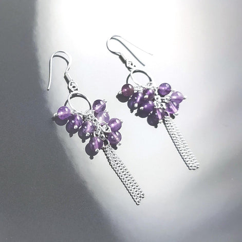Amethyst Sterling Silver Dangle Earrings, Genuine Gemstone Drop Hooks, Woman Jewelry
