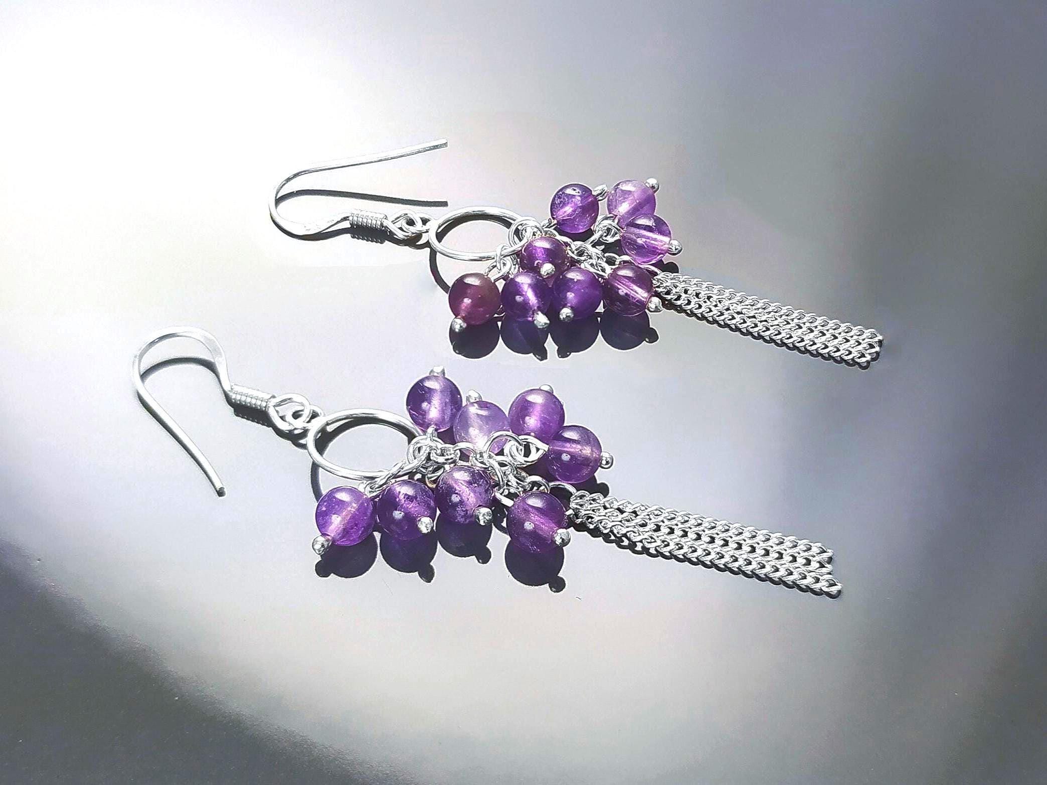Amethyst Sterling Silver Dangle Earrings, Genuine Gemstone Drop Hooks, Woman Jewelry