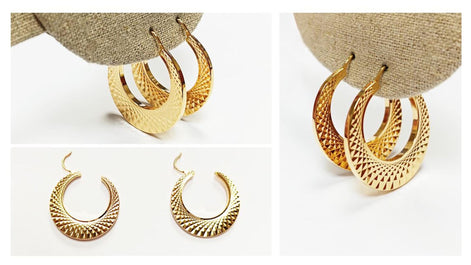 Textured Crescent Hoop Earrings • 18K Gold Plated Diamond-Cut Geometric Hoops