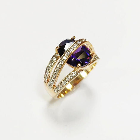 Amethyst Gold Ring, Luxurious Diamond Pave Band, Cocktail Jewelry, Statement Gift