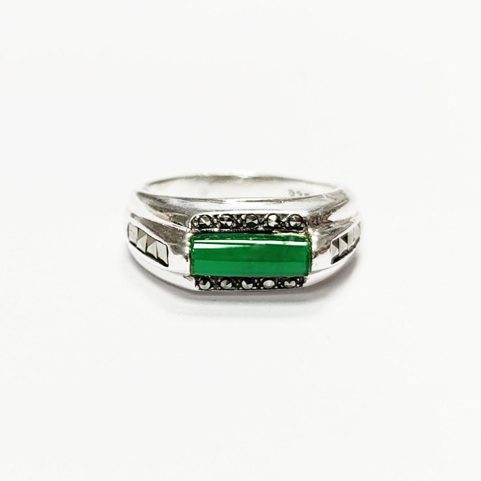 Green Onyx Signet Ring • Sterling Silver • Stylish Vintage Art Deco Style Inspired Jewelry • Rectangular Greenery Agate Stone
