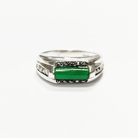 Green Onyx Signet Ring • Sterling Silver • Stylish Vintage Art Deco Style Inspired Jewelry • Rectangular Greenery Agate Stone