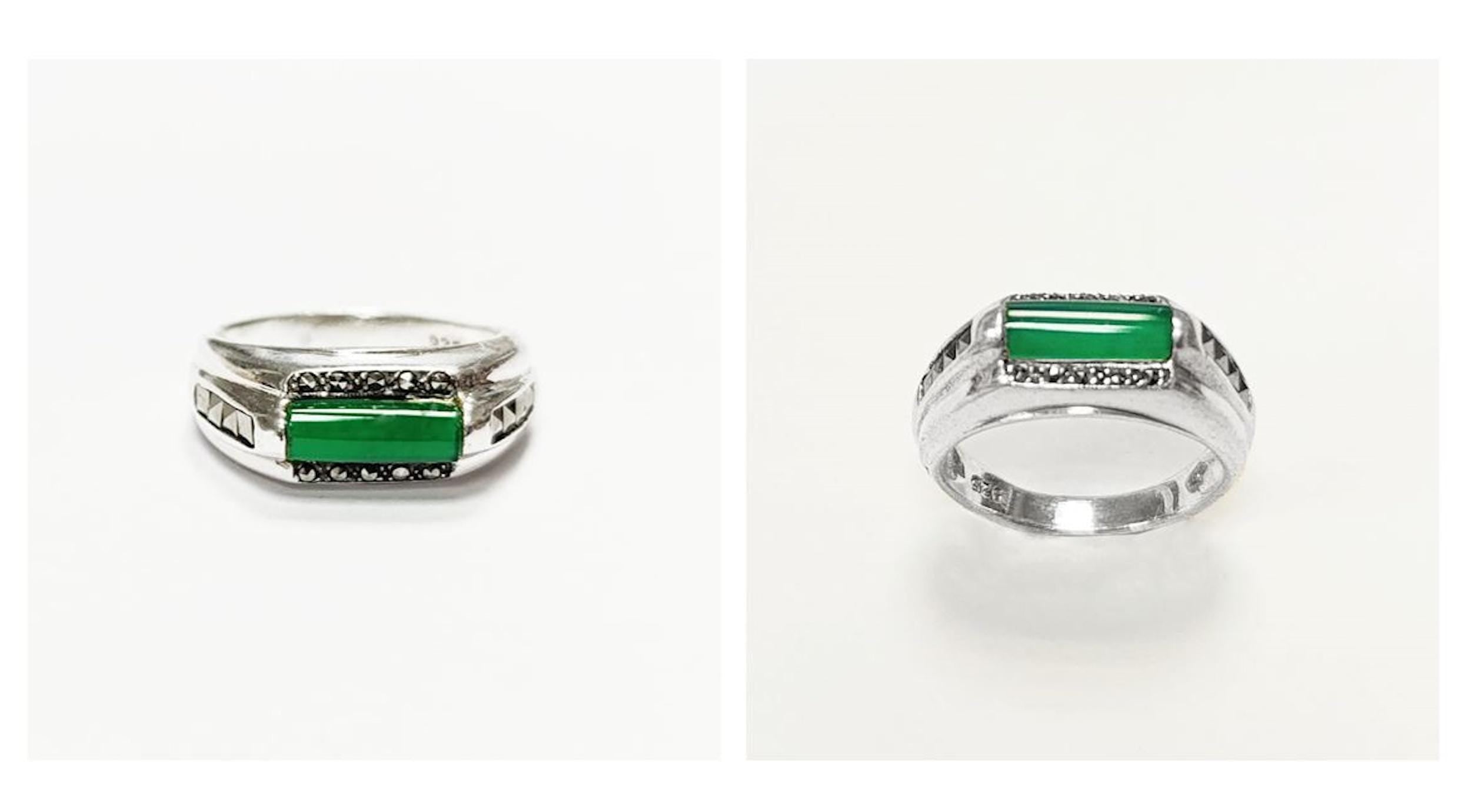 Green Onyx Signet Ring • Sterling Silver • Stylish Vintage Art Deco Style Inspired Jewelry • Rectangular Greenery Agate Stone