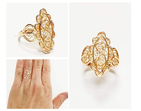 Marquise Filigree Ring • 18K Gold Plated • Art Deco Lace-Inspired Design • Vintage Floral Filigree Glam Jewelry • Statement Gift for Woman