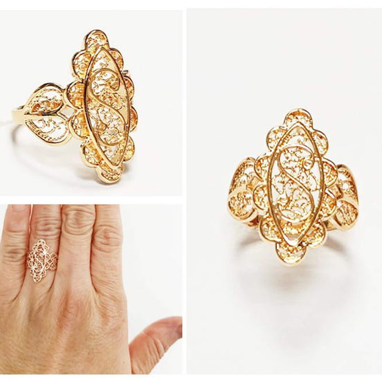 Marquise Filigree Ring • 18K Gold Plated • Art Deco Lace-Inspired Design • Vintage Floral Filigree Glam Jewelry • Statement Gift for Woman