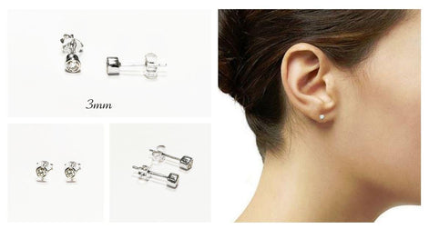 925 Sterling Silver Bezel Solitaire Stud Earrings • • 3mm–7mm Round Diamond Cut Cz Stone • Enclosed Setting Studs • Unisex Jewelry.