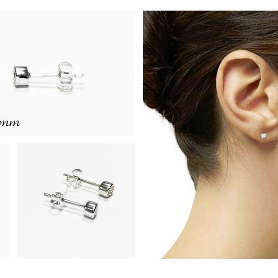 925 Sterling Silver Bezel Solitaire Stud Earrings • • 3mm–7mm Round Diamond Cut Cz Stone • Enclosed Setting Studs • Unisex Jewelry.