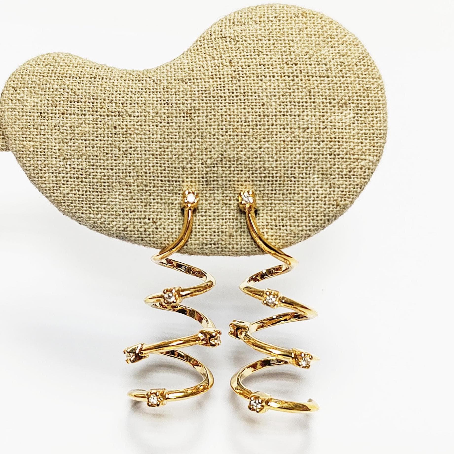Drop Spiral earrings with 18K gold plated and Set with Diamond cut Cz Stones, Long Spiral, Long Dangle Swirl Golden Pendant earrings