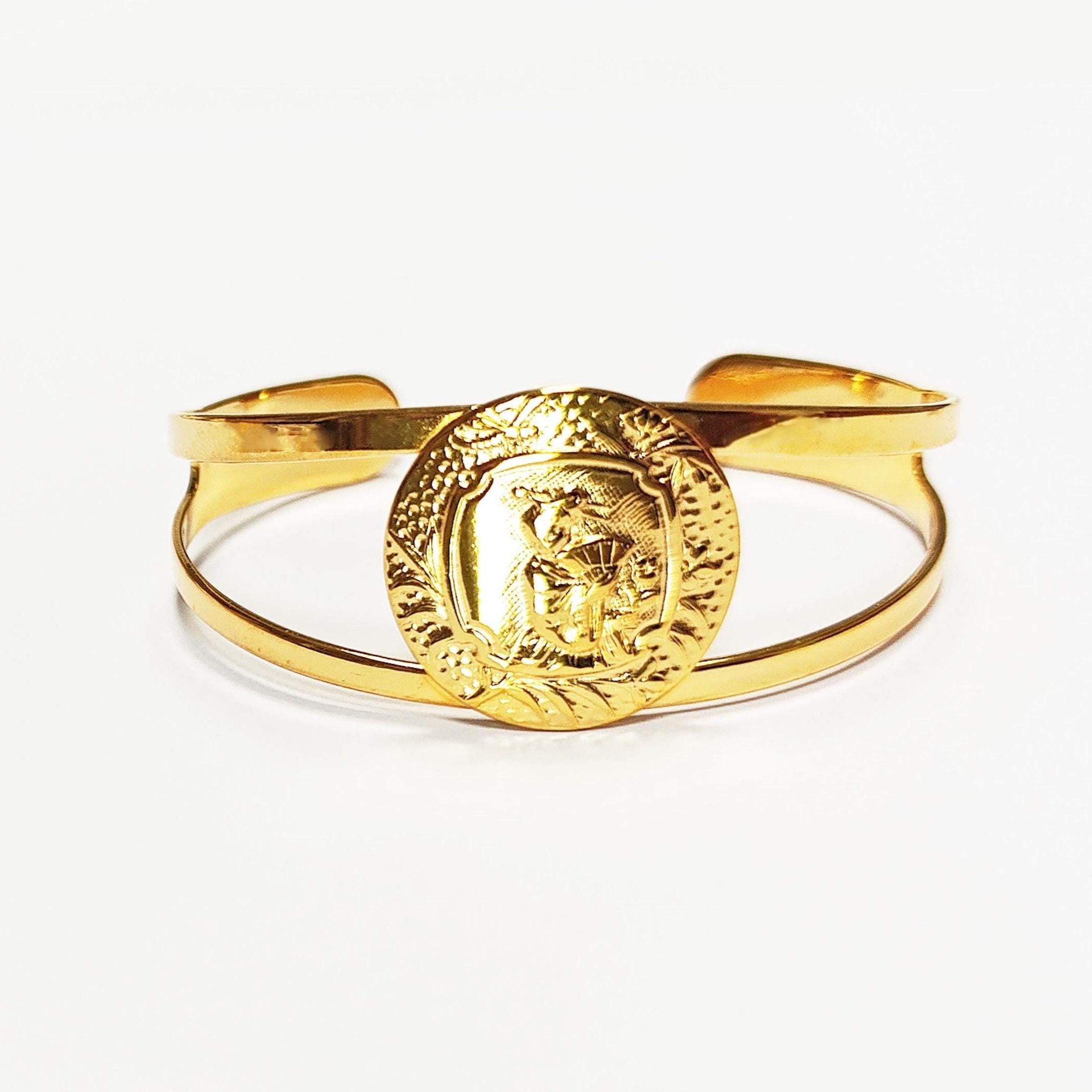 Japanese Art Deco Cuff Bracelet • 18K Gold Plated Open Bangle with Intricate Oriental Patterns Jewelry • Asian Antique Inspired Gift for Her