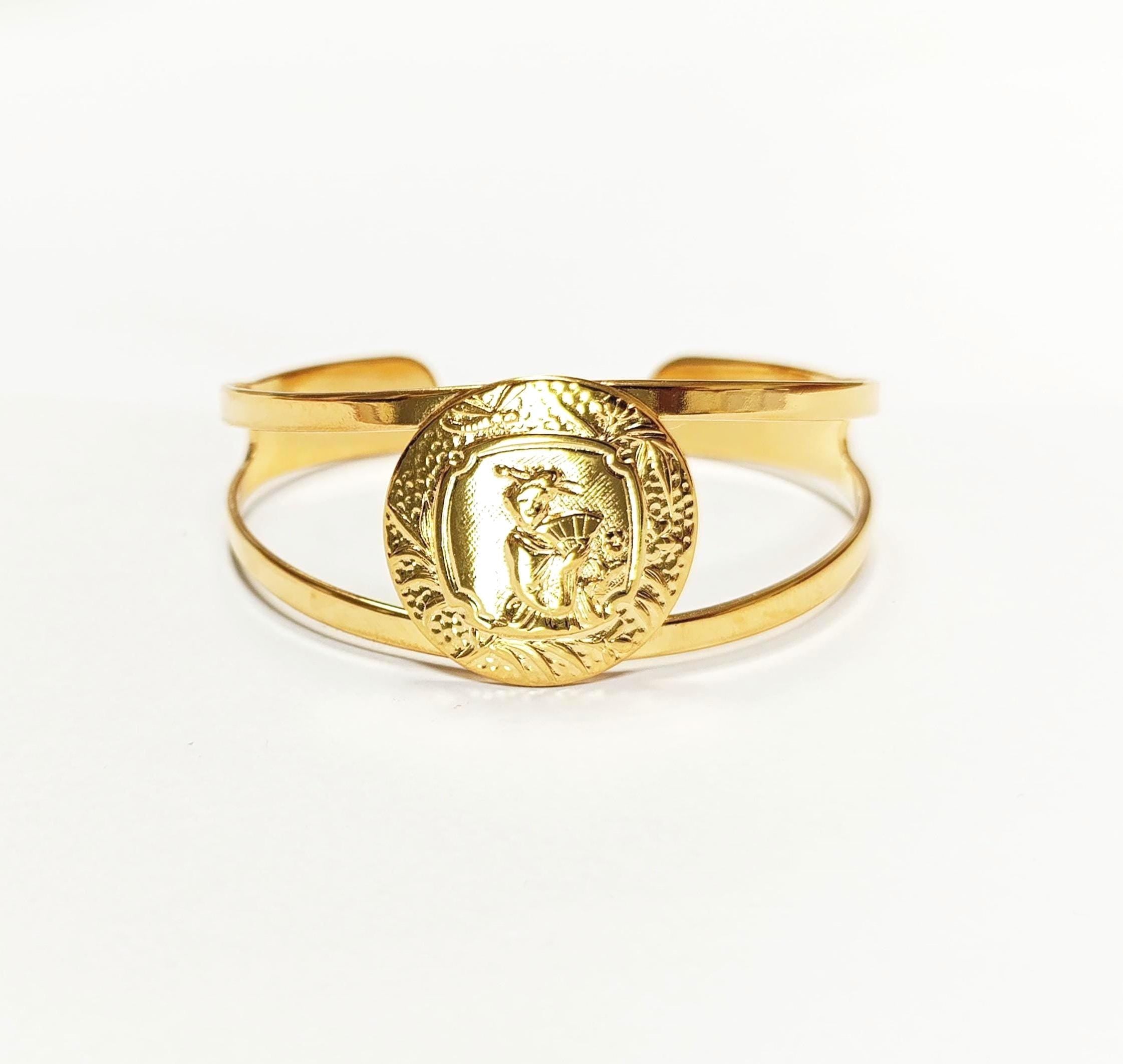 Japanese Art Deco Cuff Bracelet • 18K Gold Plated Open Bangle with Intricate Oriental Patterns Jewelry • Asian Antique Inspired Gift for Her