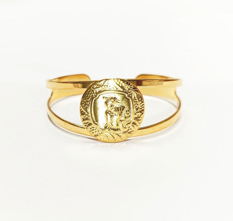 Japanese Art Deco Cuff Bracelet • 18K Gold Plated Open Bangle with Intricate Oriental Patterns Jewelry • Asian Antique Inspired Gift for Her