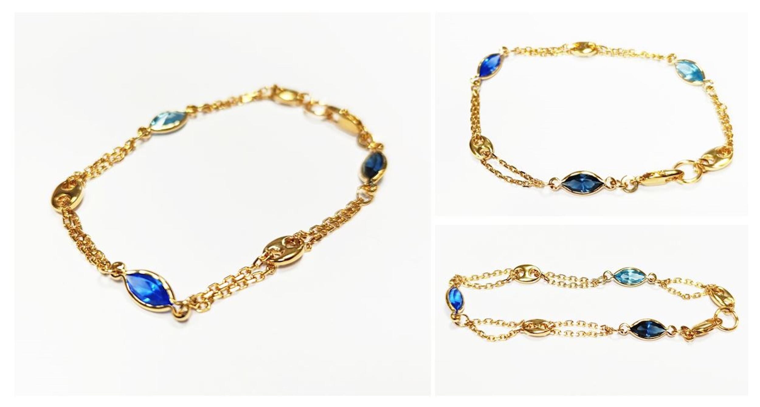 Topaz Link Bracelet • 18K Gold Plated Double Chain with 3 Blue Color Tones Marquise CZ Stones & Coffee Bean Links • Everyday Women Jewelry