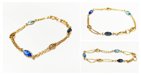 Topaz Link Bracelet • 18K Gold Plated Double Chain with 3 Blue Color Tones Marquise CZ Stones & Coffee Bean Links • Everyday Women Jewelry