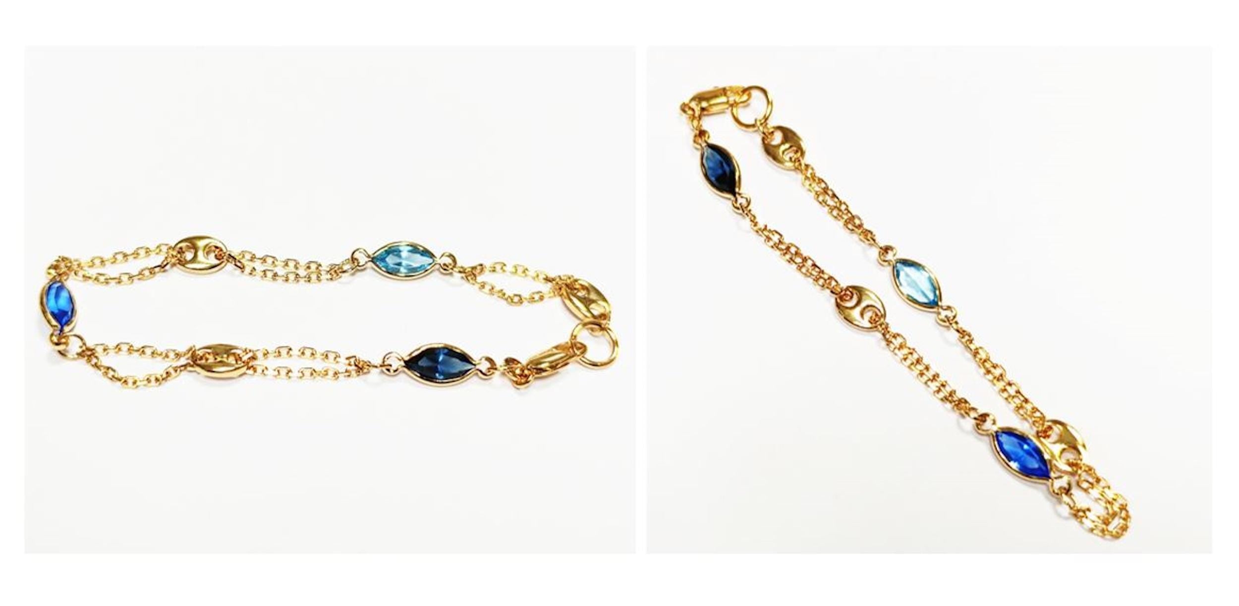 Topaz Link Bracelet • 18K Gold Plated Double Chain with 3 Blue Color Tones Marquise CZ Stones & Coffee Bean Links • Everyday Women Jewelry