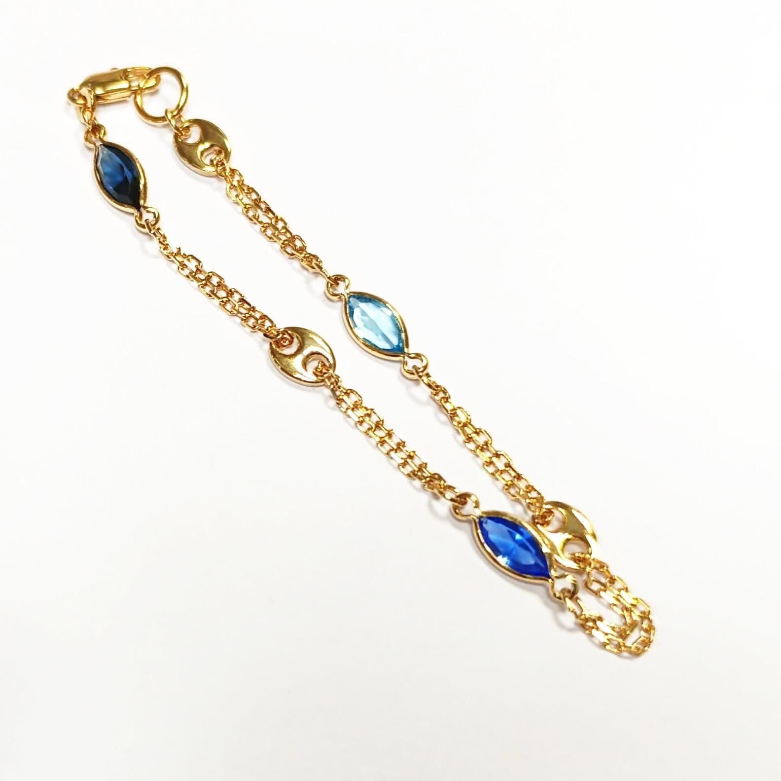 Topaz Link Bracelet • 18K Gold Plated Double Chain with 3 Blue Color Tones Marquise CZ Stones & Coffee Bean Links • Everyday Women Jewelry