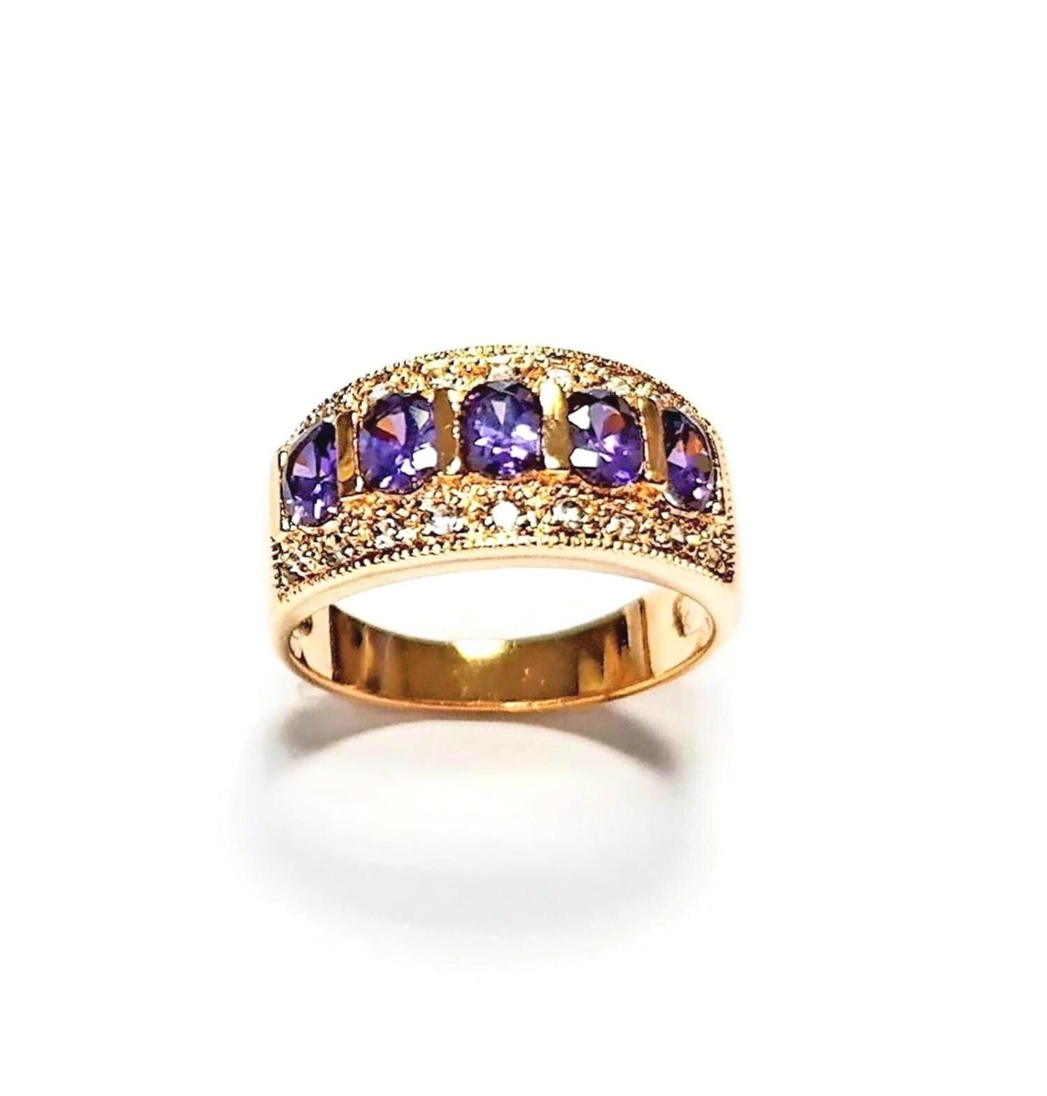 Amethyst Gold Band Ring, Elegant Purple February Birthstone, Luxurious Jewelry, Statement Gift