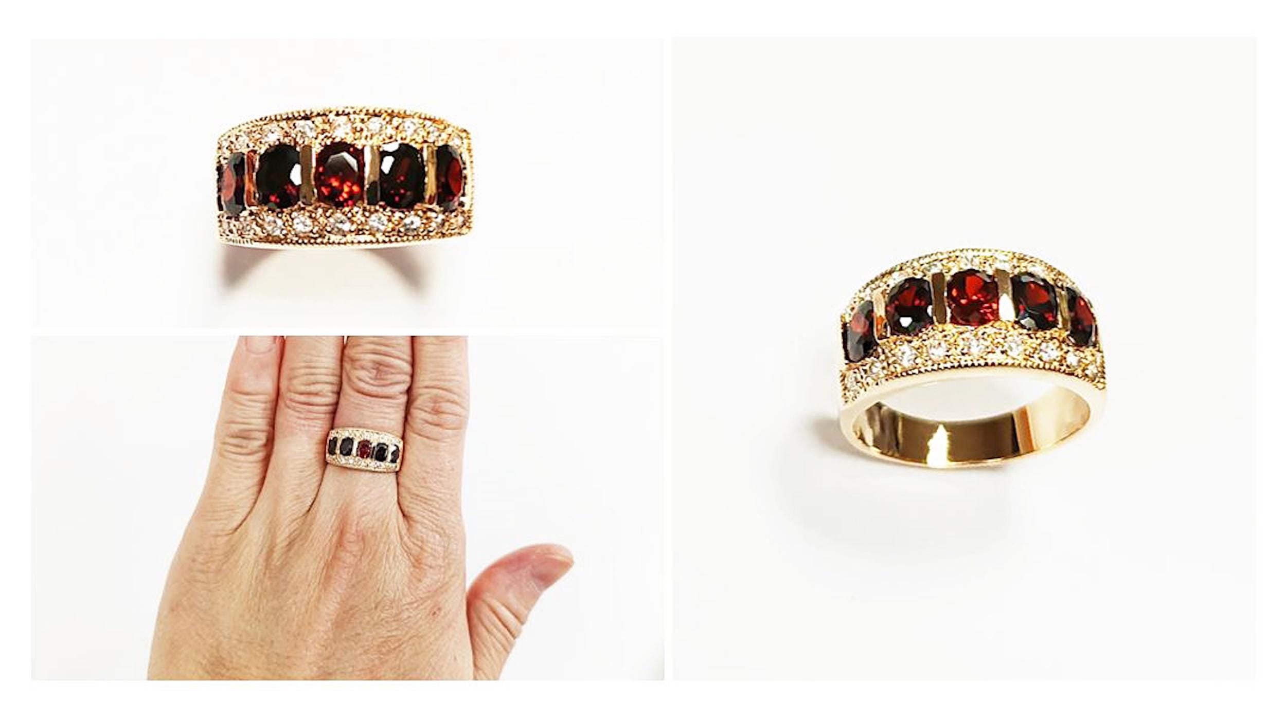 Garnet Gold Band Ring, Elegant 18K Gold-Plated Red CZ January Birthstone Jewelry, Luxurious Statement Cocktail Wedding, Birthday Gift
