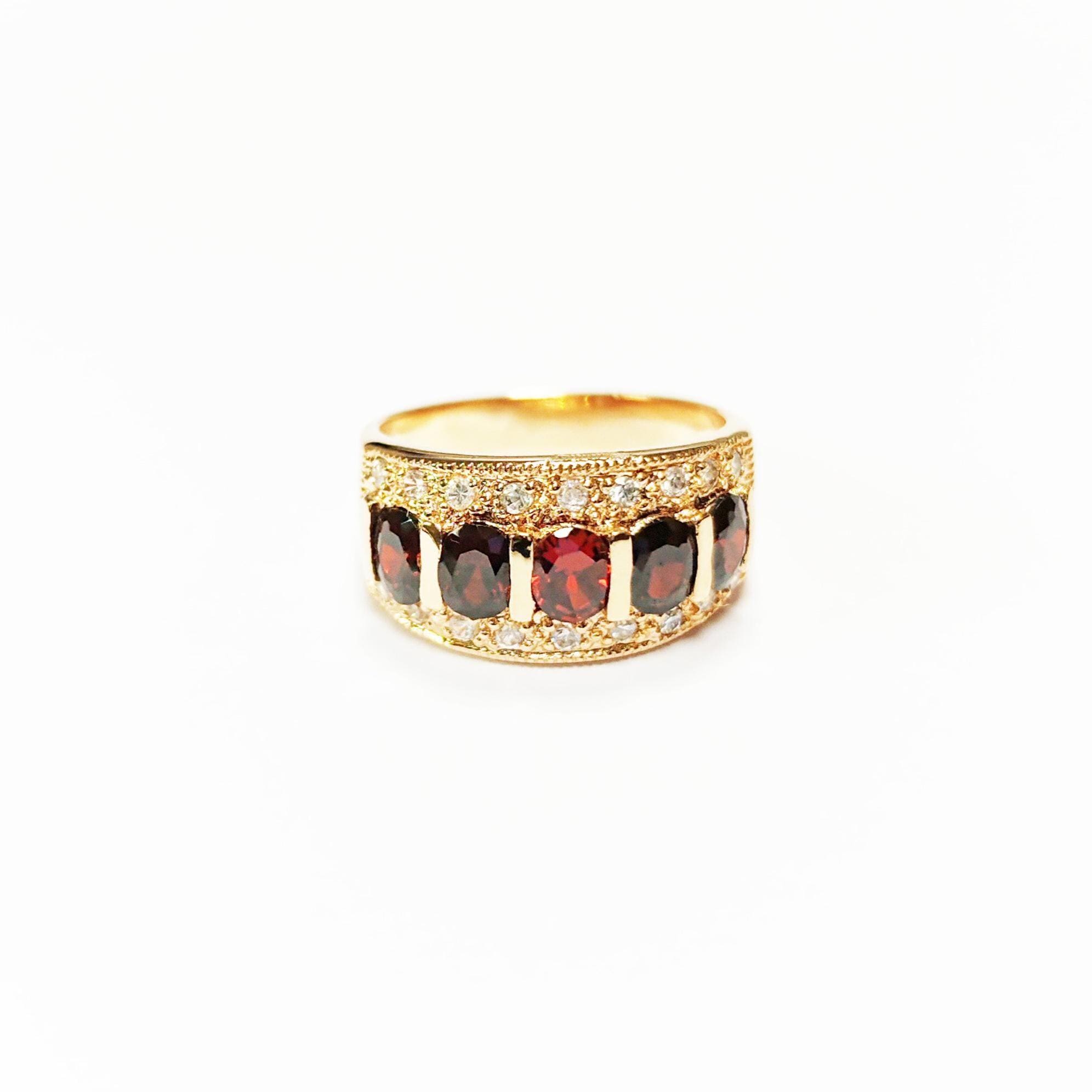 Garnet Gold Band Ring, Elegant 18K Gold-Plated Red CZ January Birthstone Jewelry, Luxurious Statement Cocktail Wedding, Birthday Gift