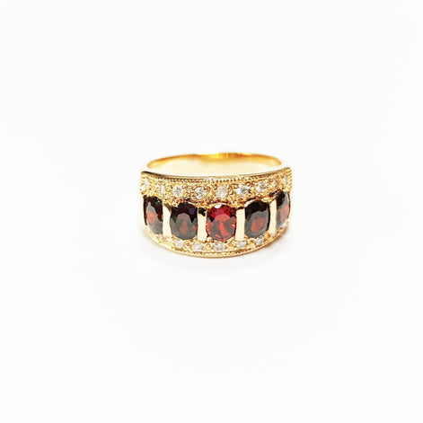Garnet Gold Band Ring, Elegant 18K Gold-Plated Red CZ January Birthstone Jewelry, Luxurious Statement Cocktail Wedding, Birthday Gift