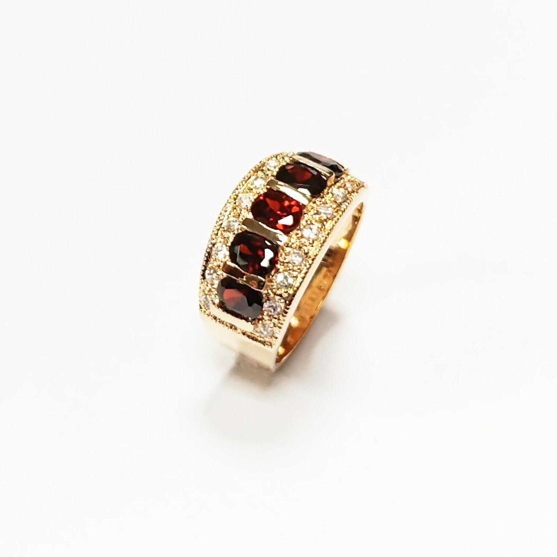 Garnet Gold Band Ring, Elegant 18K Gold-Plated Red CZ January Birthstone Jewelry, Luxurious Statement Cocktail Wedding, Birthday Gift