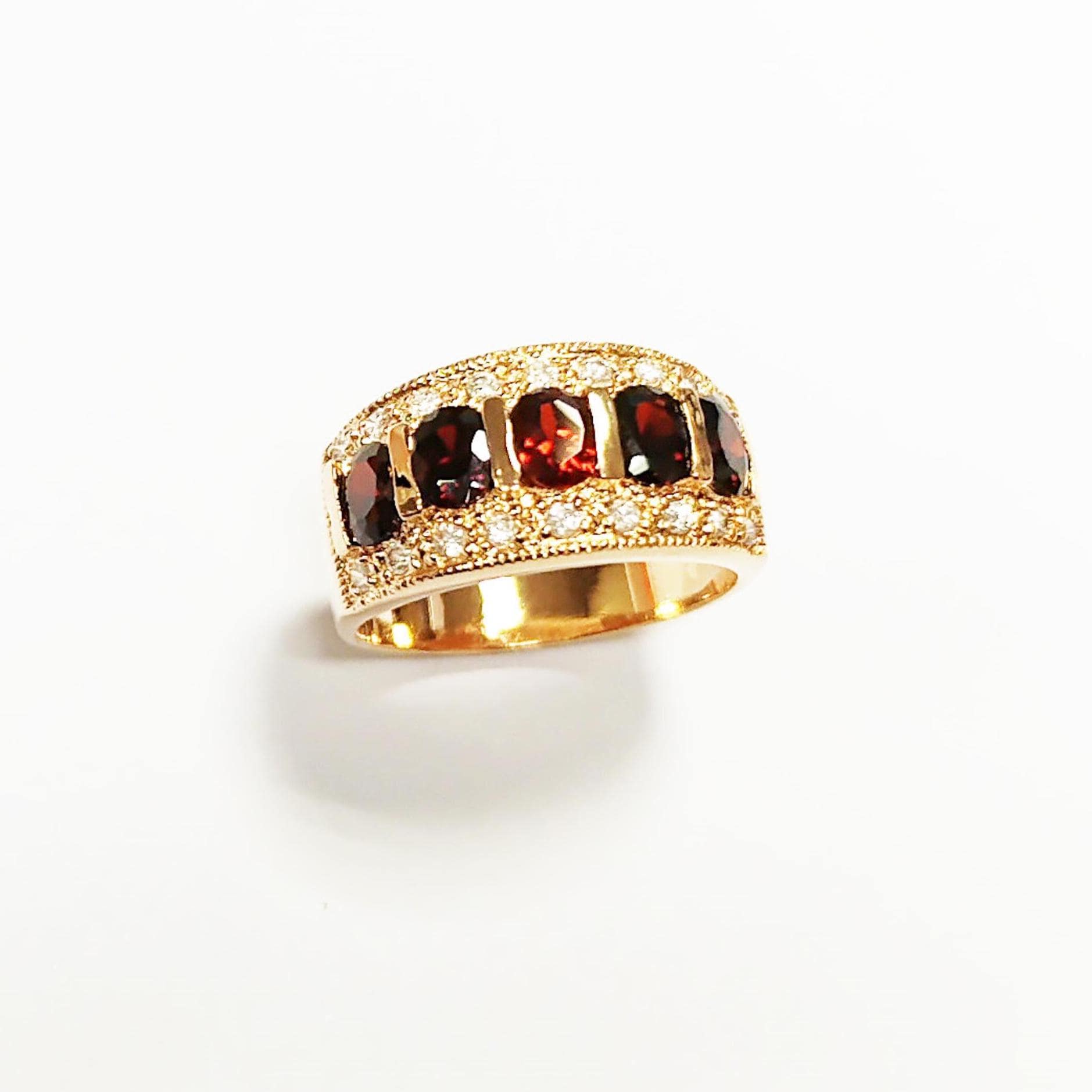 Garnet Gold Band Ring, Elegant 18K Gold-Plated Red CZ January Birthstone Jewelry, Luxurious Statement Cocktail Wedding, Birthday Gift