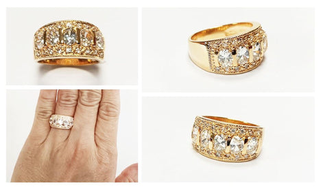 Diamond Gold Band Ring, Elegant 18K Gold-Plated White Diamond CZ Stones, April Birthstone Jewelry, Statement Cocktail Wedding, Birthday Gift