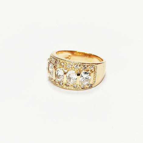 Diamond Gold Band Ring, Elegant 18K Gold-Plated White Diamond CZ Stones, April Birthstone Jewelry, Statement Cocktail Wedding, Birthday Gift
