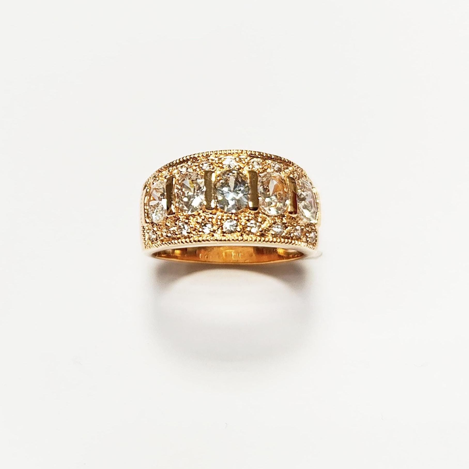 Diamond Gold Band Ring, Elegant 18K Gold-Plated White Diamond CZ Stones, April Birthstone Jewelry, Statement Cocktail Wedding, Birthday Gift