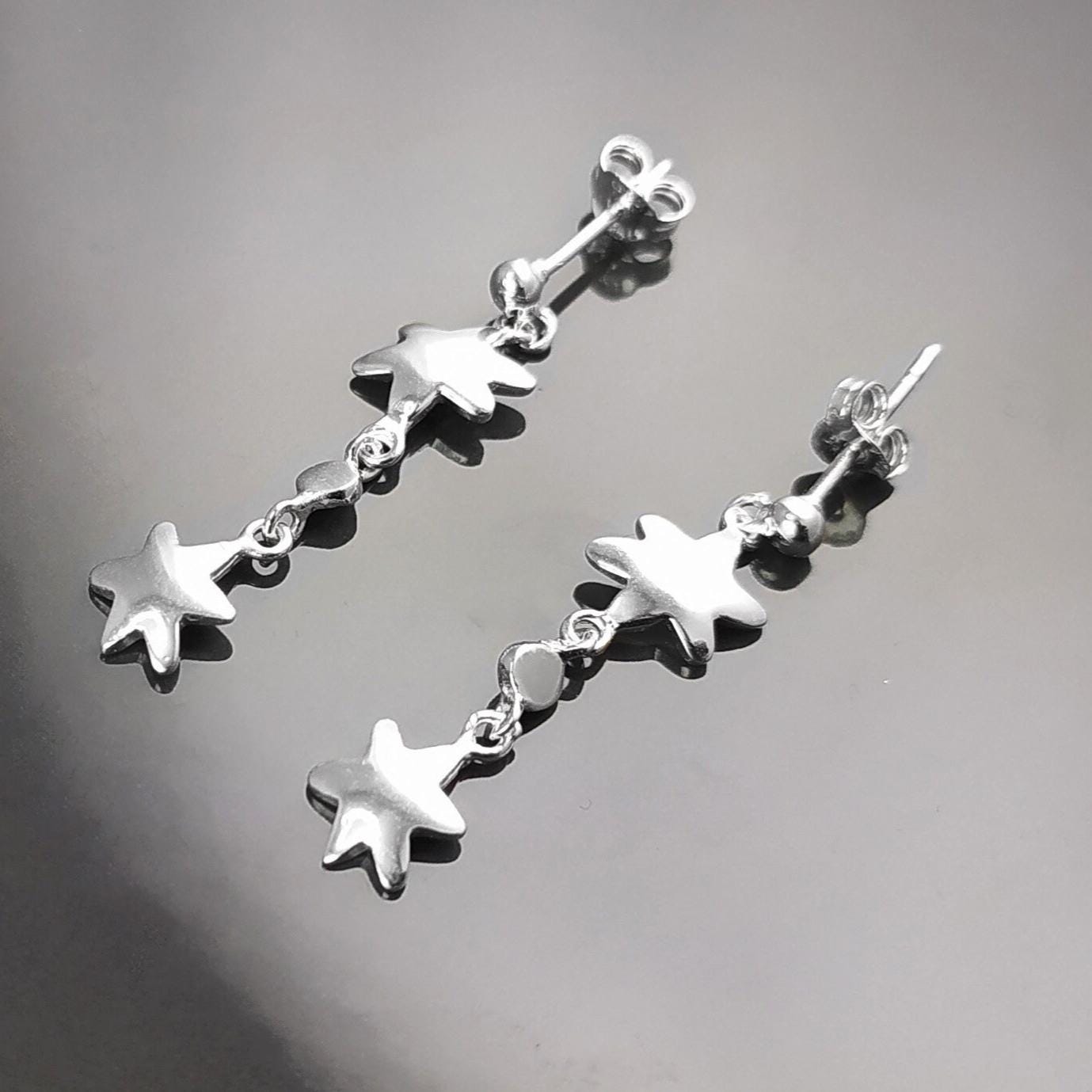 Trend Stars Earrings, Sterling Silver, Dangle Flat Star, Universe Cluster of Stars, Starry Constellation Jewelry, Cosmos Theme Shooting Star