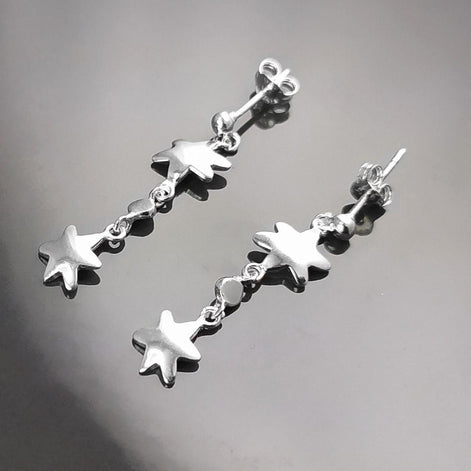 Trend Stars Earrings, Sterling Silver, Dangle Flat Star, Universe Cluster of Stars, Starry Constellation Jewelry, Cosmos Theme Shooting Star
