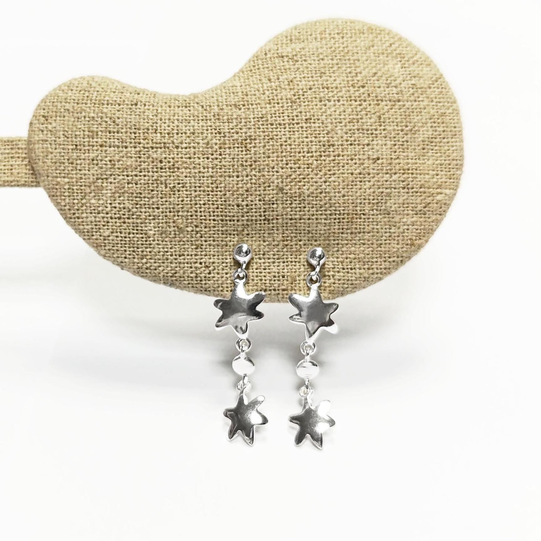 Trend Stars Earrings, Sterling Silver, Dangle Flat Star, Universe Cluster of Stars, Starry Constellation Jewelry, Cosmos Theme Shooting Star