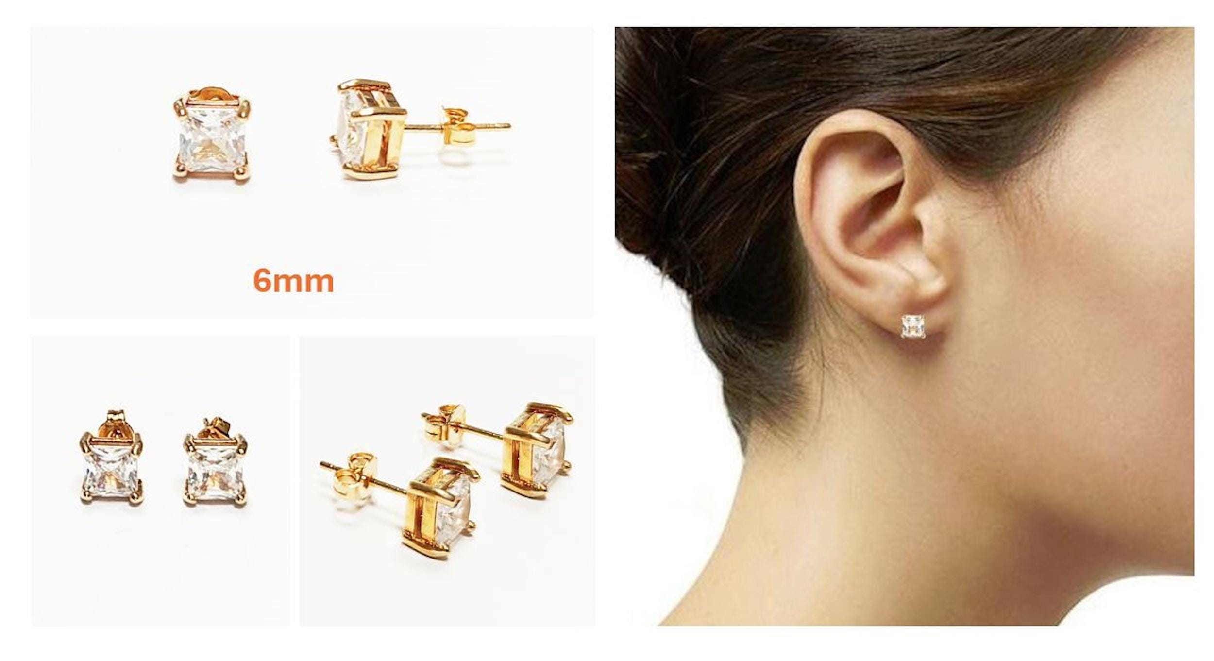 Gold Square Diamond Studs • Prong Set Stud Earrings • Minimalist Classic Jewelry• Unisex Gift