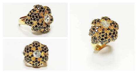18K Gold Plated Ring • Black & White Rose Flower • Statement Glam Floral Design Stones Jewelry • Elegant Cocktail Ring, Amazing Vintage Ring