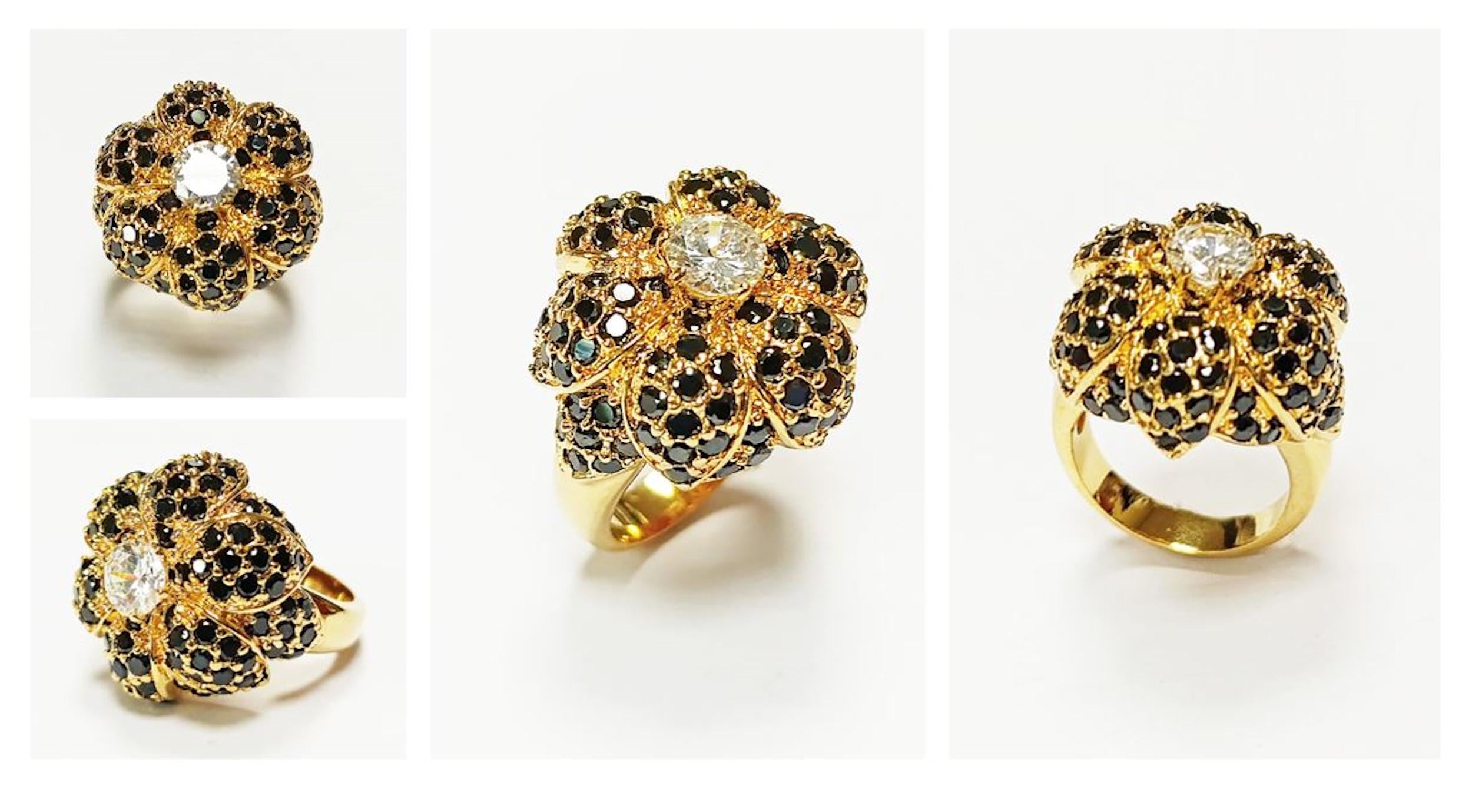 18K Gold Plated Ring • Black & White Rose Flower • Statement Glam Floral Design Stones Jewelry • Elegant Cocktail Ring, Amazing Vintage Ring