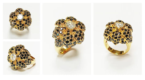 18K Gold Plated Ring • Black & White Rose Flower • Statement Glam Floral Design Stones Jewelry • Elegant Cocktail Ring, Amazing Vintage Ring